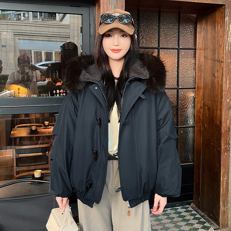 2025 inverno novo grande gola de pele algodão acolchoado jaquetas chifre botão manga longa com capuz feminino parkas viajando moda para baixo casacos