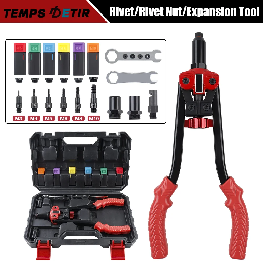 Heavy Duty Rivet Nuts Gun Insert Manual Riveter Reamer Set Durable 3-IN-1 Threaded Tool with 5 Rivet Heads and 6 Metric Mandrels