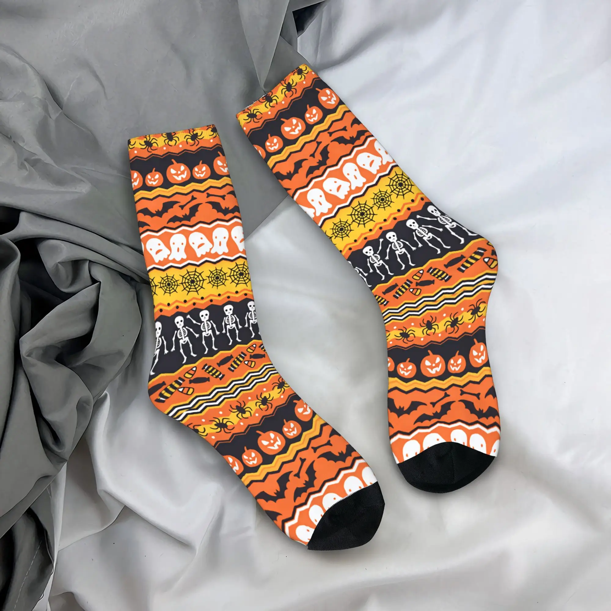 Halloween Skeleton Ghost Pumpkin Bat Spider Striped Border Seamless Pattern Stockings Unisex Men  Socks Warm Soft Fashion Socks