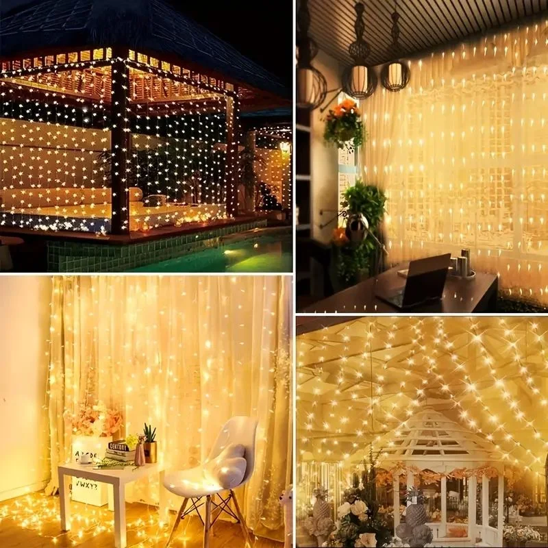 3×3M Solar Curtain Light Outdoor Solar Fairy Garland String Lights Garden Yard Pavilion Wedding Party Holiday Decor Lights