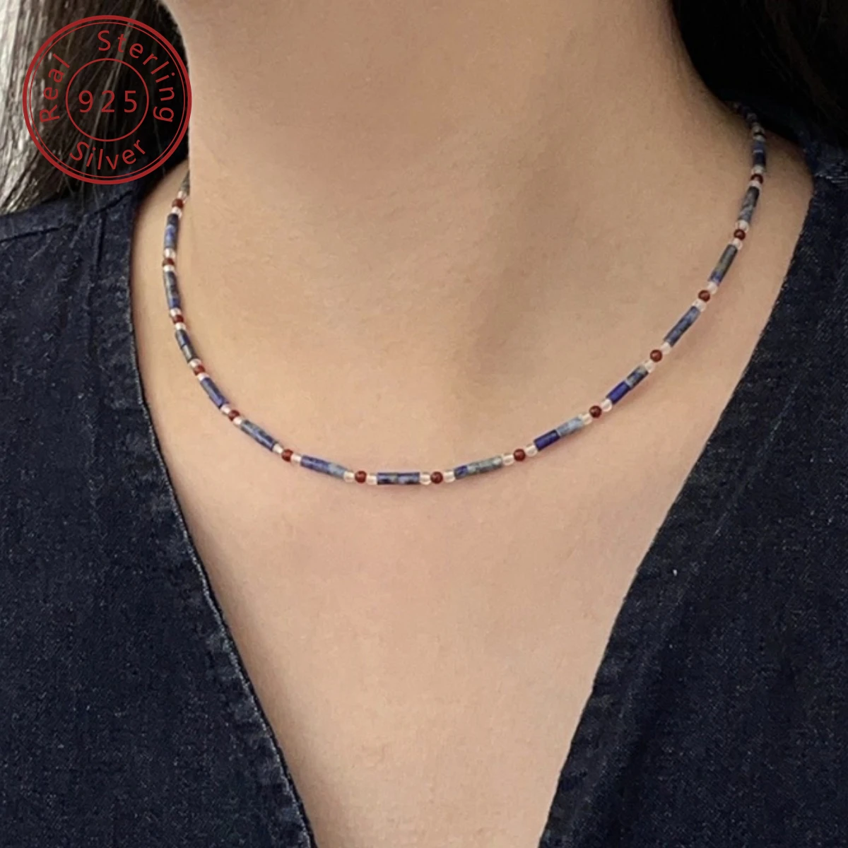 925 sterling silver natural lapis lazuli red agate extremely fine beaded necklace,contrasting color design, retro senior feeling