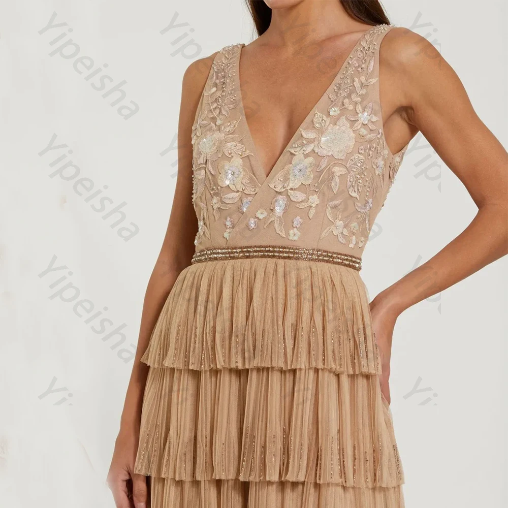 High Quality Champagne Elegant Evening Dresses Tulle for Floor-Length V-Neck Sleeveless Prom Dress Appliques Tiered Customized