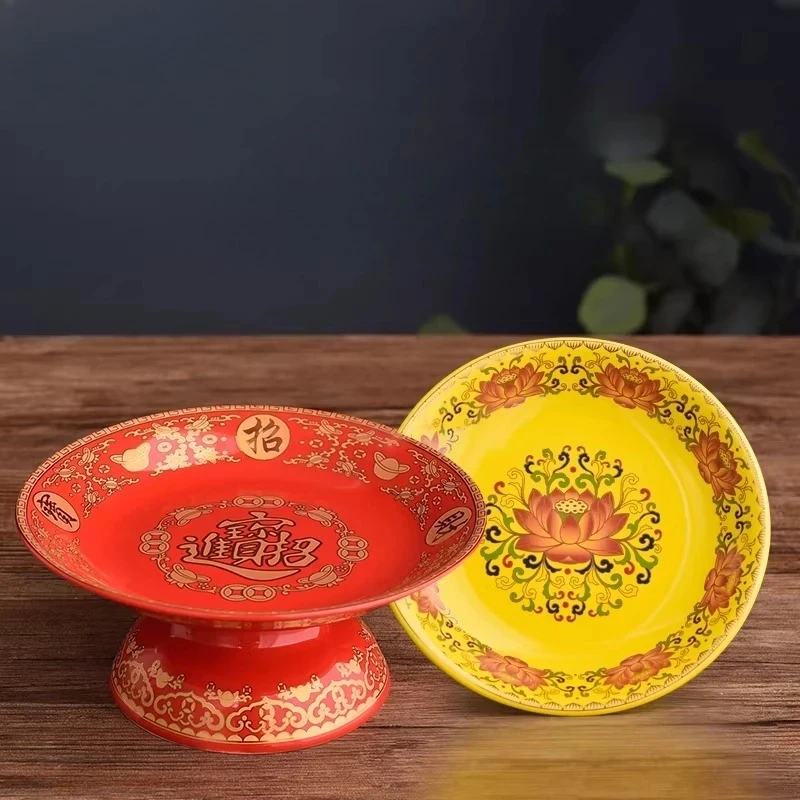 Ceramic Fruit Tray for Offering Buddha Hall Worship Fruit Plate Household God of Wealth Tall Foot Plate Buddhist Supplies