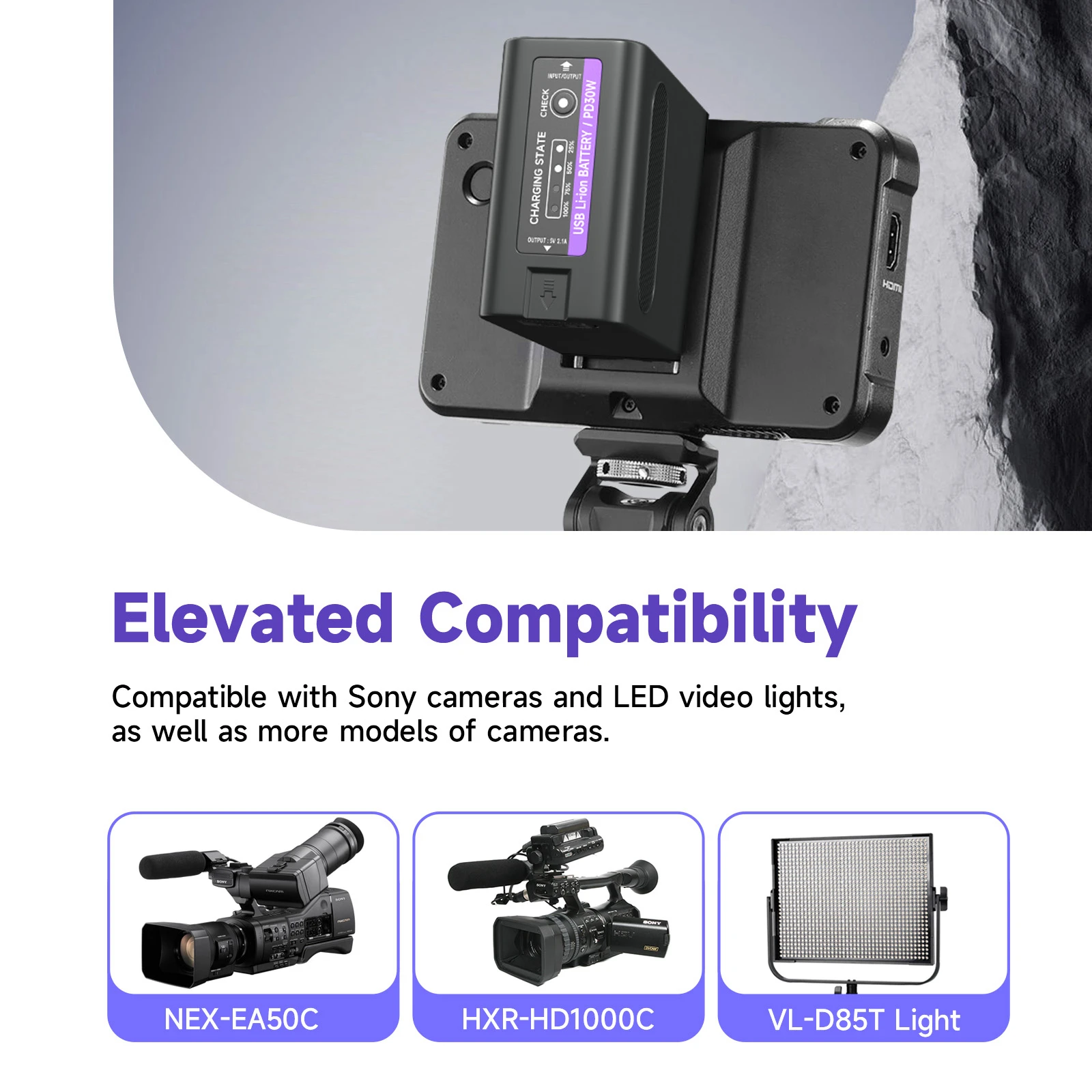 NP-F990 F980 F970 F750 بطارية مع PD30W شحن سريع لسوني NP F980 F970 F960 F750 F570 NEX-EA50C HXR-HD1000C VL-D85T ضوء