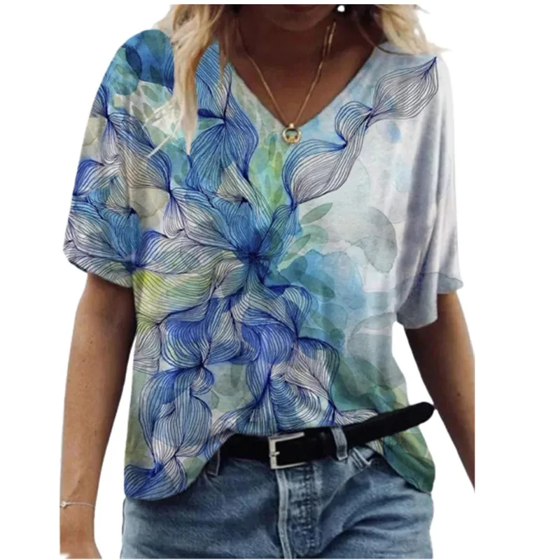 New Summer Fashion Streetwear Short Sleeve V-Neck T Shirt 3D Print Flowers T-shirts Women Design Harajuku Tees Tops Clothing