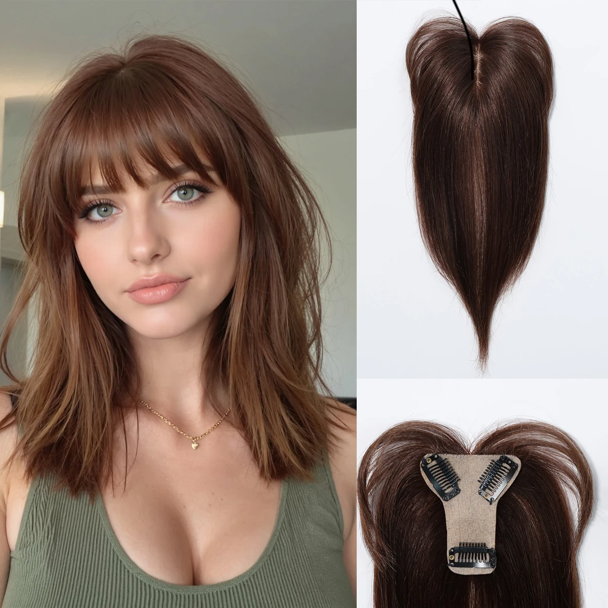 Brown 10 Inch Silk Base Remy Human Hair Toppers with Bangs 3 Clip-in Hairpieces for Women Daily Party Use Hair Extensions