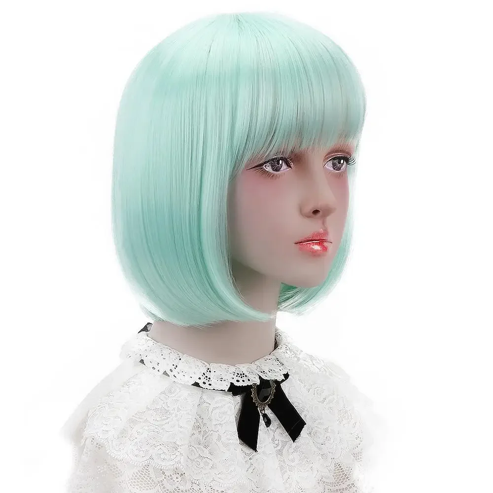 Free Beauty 12"Straight Synthetic Bob Wigs With Bangs Green Pink Color Short Bob Wigs Human Hair For Black Women  Heat Resistant