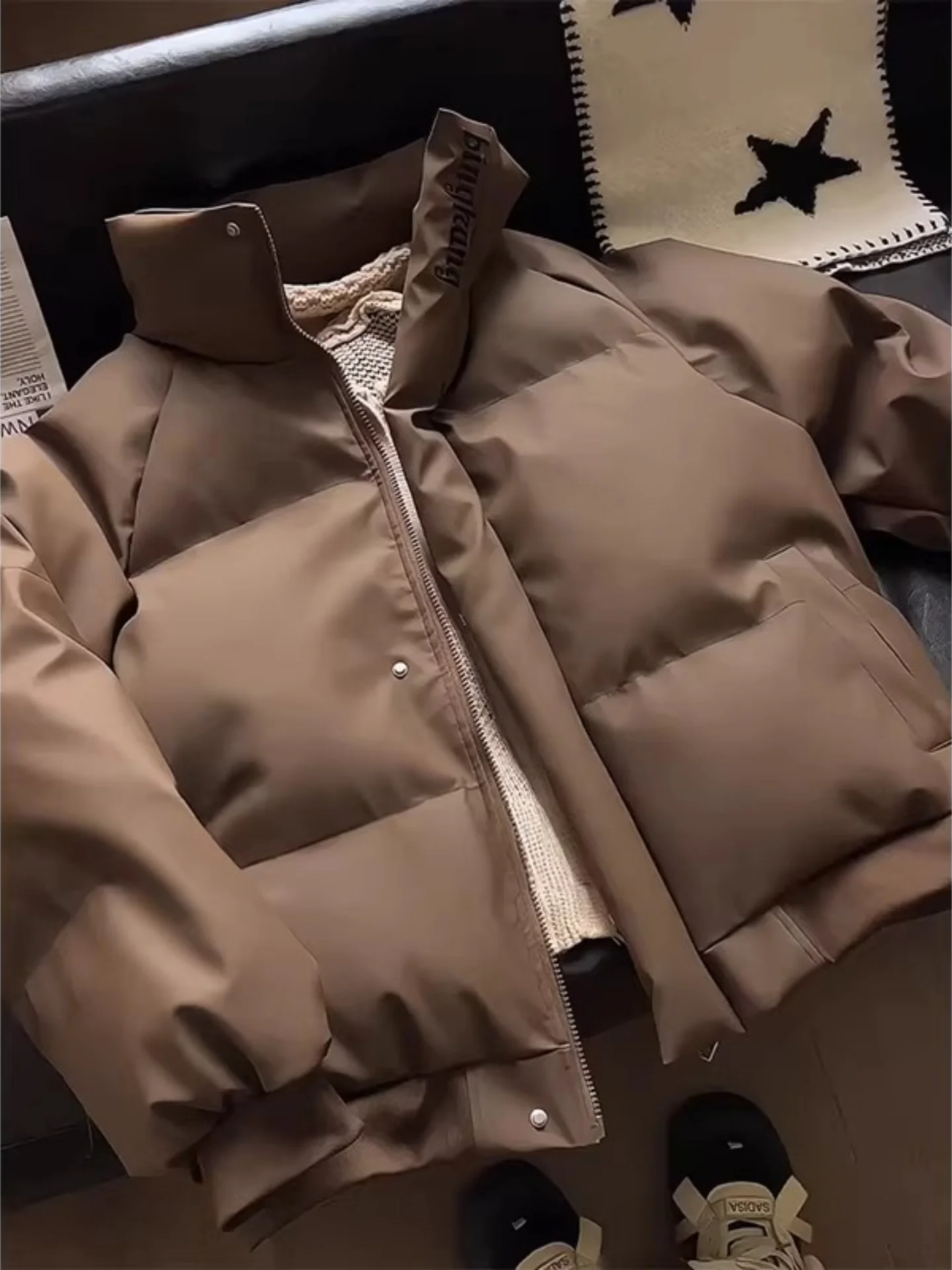 

Caramel PU Leather Embroidered down Cotton Jaet Men's Winter Thi Warm Stand Collar Bread Sle Coat Youth Casual Faion