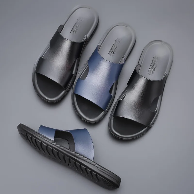 New Fashion Men Shoes Flats Summer Casual Slides Outside Sandals Beach Work Slippers Soft Leather Flip Flop Shoes