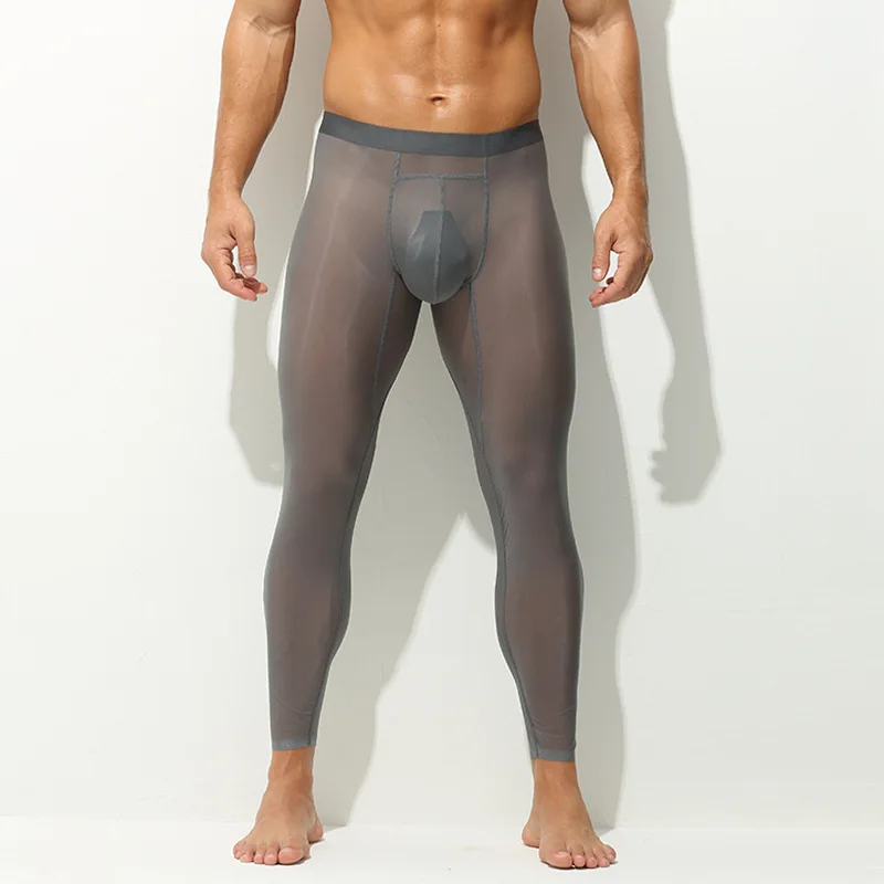 

Mens Stretch Ice Silk Leggings Sexy See Through Lingerie Thermal Underwear Bottom Seemless Sheer Long John Pant Stretch Tights