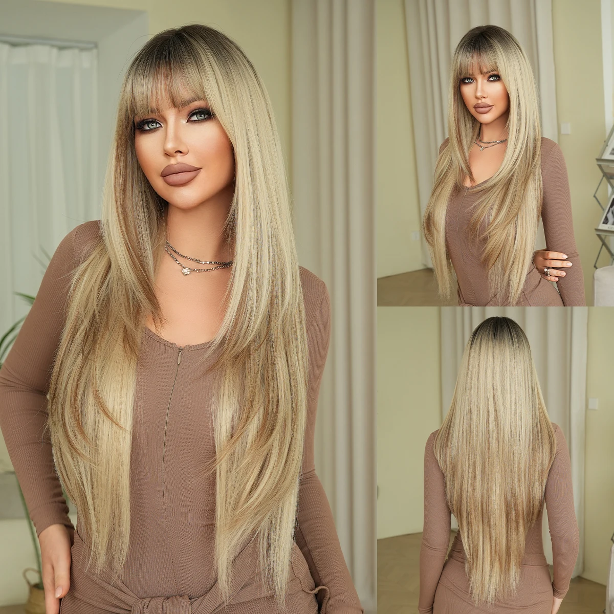 

NAMM Synthetic Long Straight Blonde Wig for Women Daily Use Dark Roots Long Straight Layered Wigs with Bangs High Density Wigs