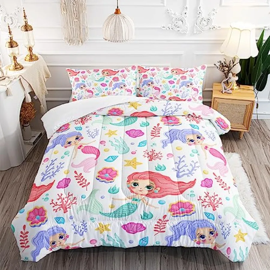 

Mermaid Comforter Set Size Fairy Tale Sea Shell Grass Bedding Set Starfish Quilt Bed Set for Kid Girls with 1 Comforter and 2 P