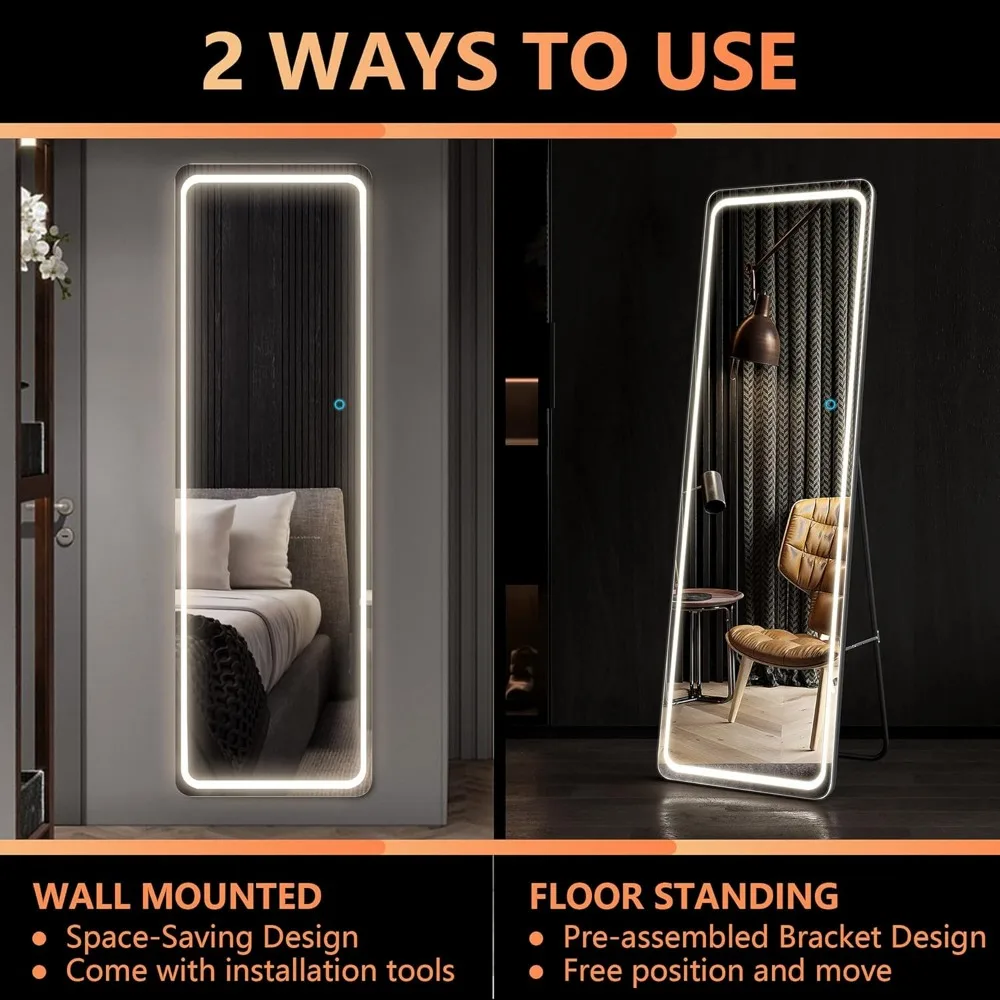 LED-beleuchteter freistehender Wandspiegel in voller Länge – Ganzkörper-Bodenspiegel, beleuchteter Kosmetikspiegel für Zuhause