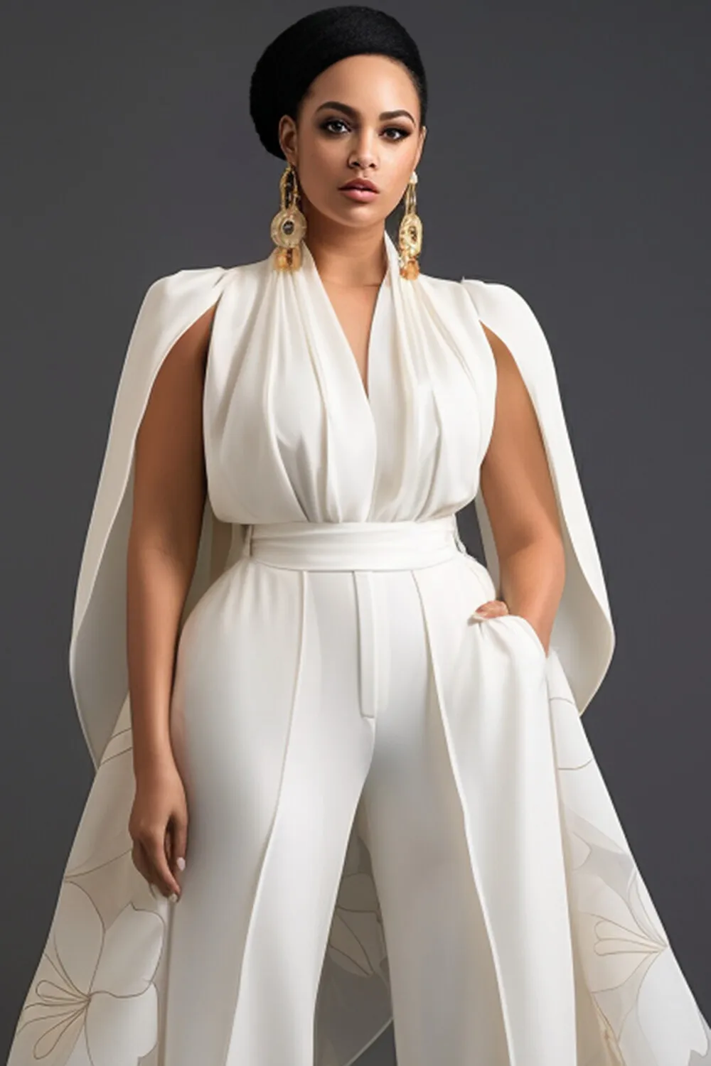 Mono de talla grande para madre de la novia, blanco, elegante, floral, con cuello en V y falda con bolsillo superpuesto