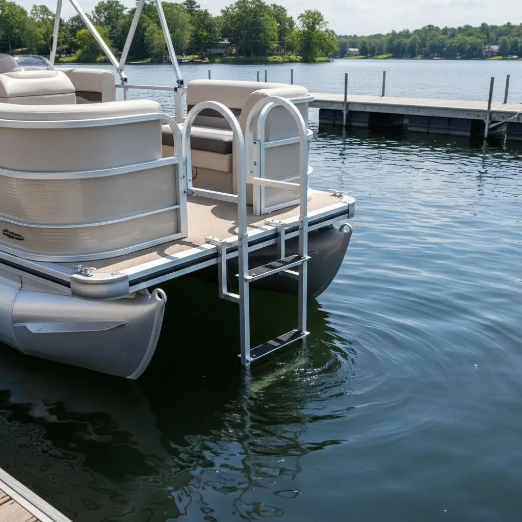 

Aluminum Alloy Pontoon Boarding Stairs 3-Step Removable For Ship Lake Pool 500 lbs Load Capacity 3.1'' Wide Step Rubber Mat I