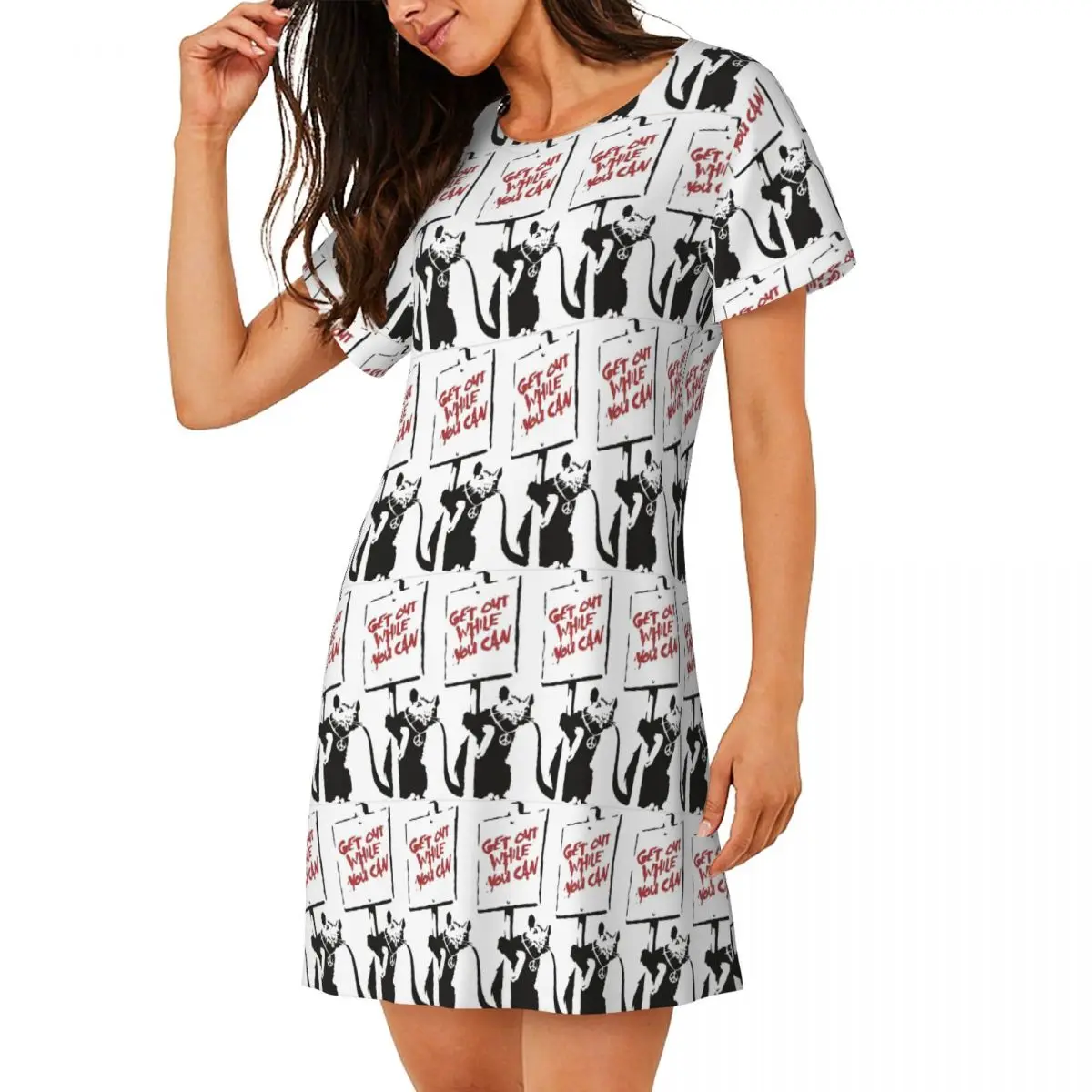Custom Get Out While You Can Banksy Graffiti Short Sleeves Nightdress For Sleeping Women Short Sleeve Nightgowns Pajama Dress
