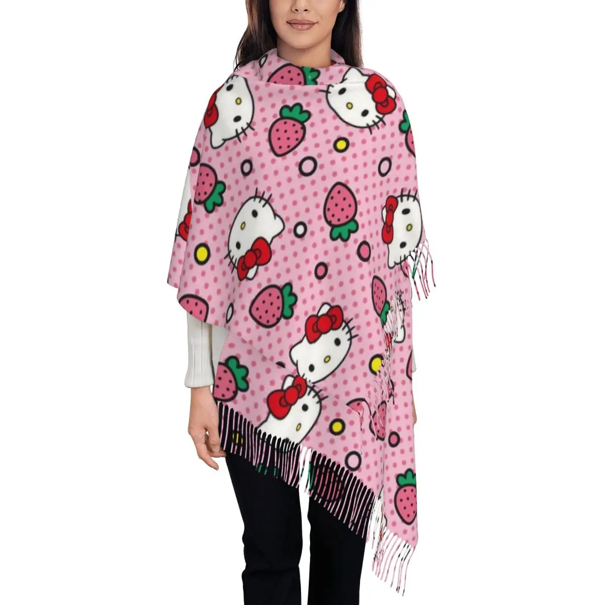 

Women's Tassel Scarf Cute Cartoon Long Winter Fall Shawl and Wrap Pink Hello Kitty Daily Wear Cashmere Scarf