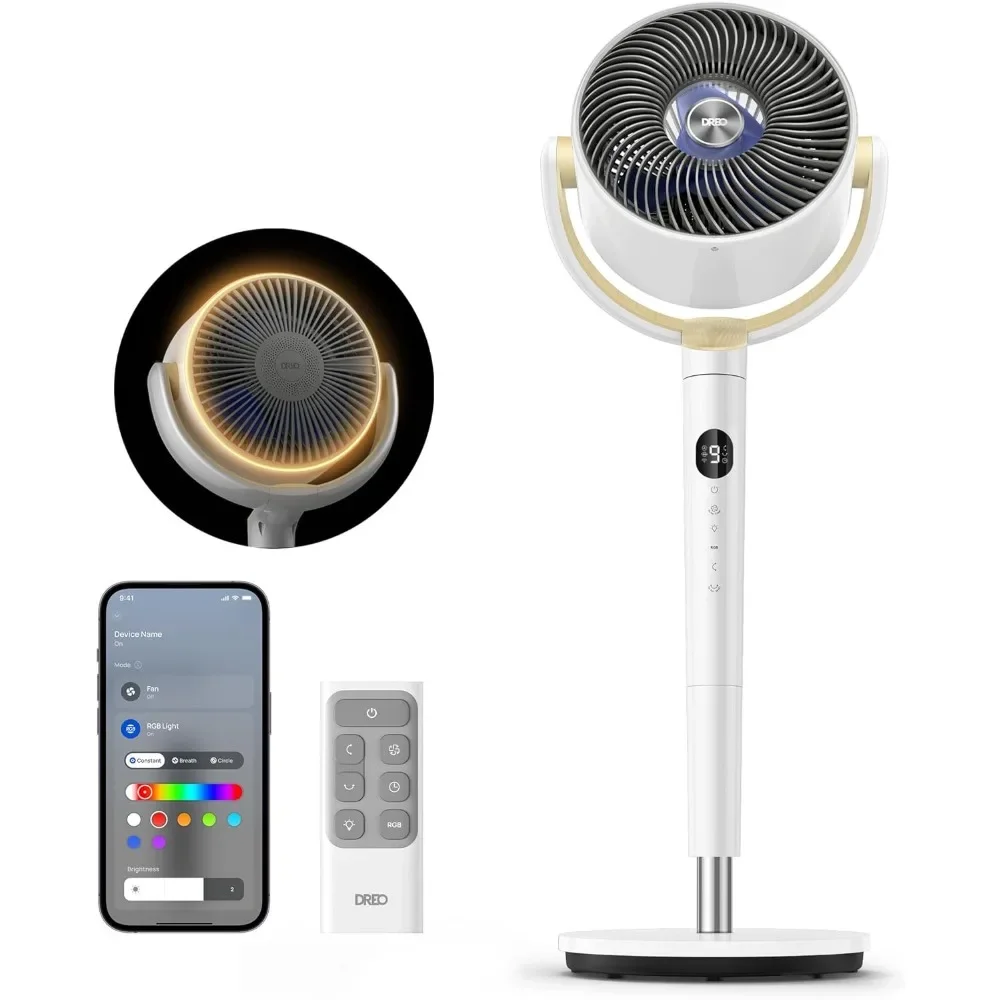outdoors-HOME/White Smart Fan for Bedroom, 120° +120° Omni-Directional Oscillating Fans, 90ft Quiet Pedestal Fan with RGB Light,