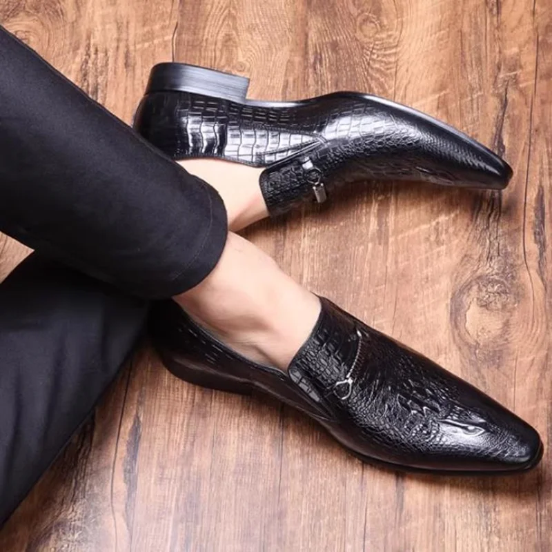 Crocodile-pattern Leather Loafers British style Pointed Toe Business Men's Dress Shoes Slip-on Genuine Leather Formal Shoes
