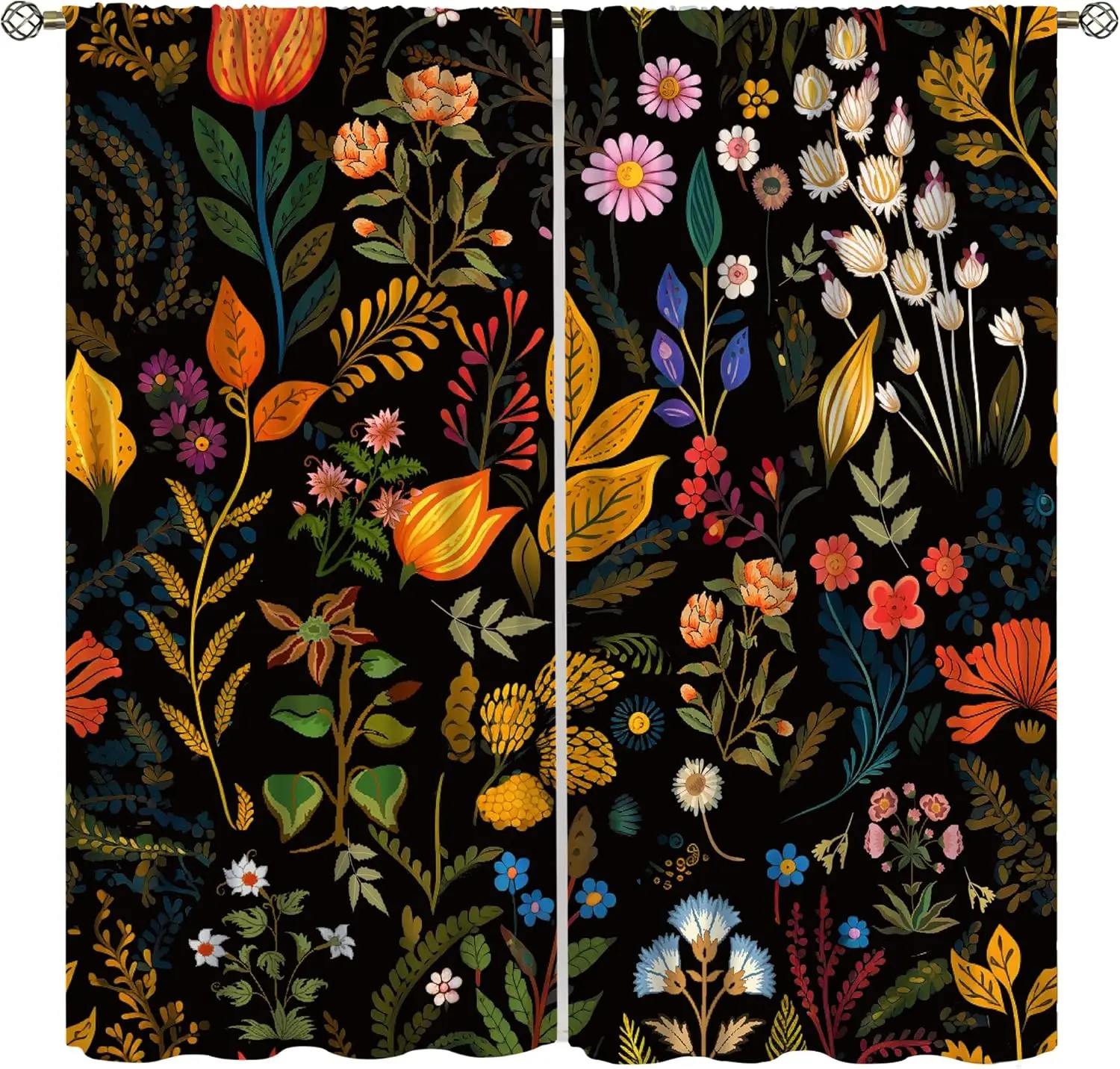 Floral Curtain,Boho Colorful Black Abstract Flowers Botanical Window Treatment Curtains for Cafe Bedroom Office Living Room
