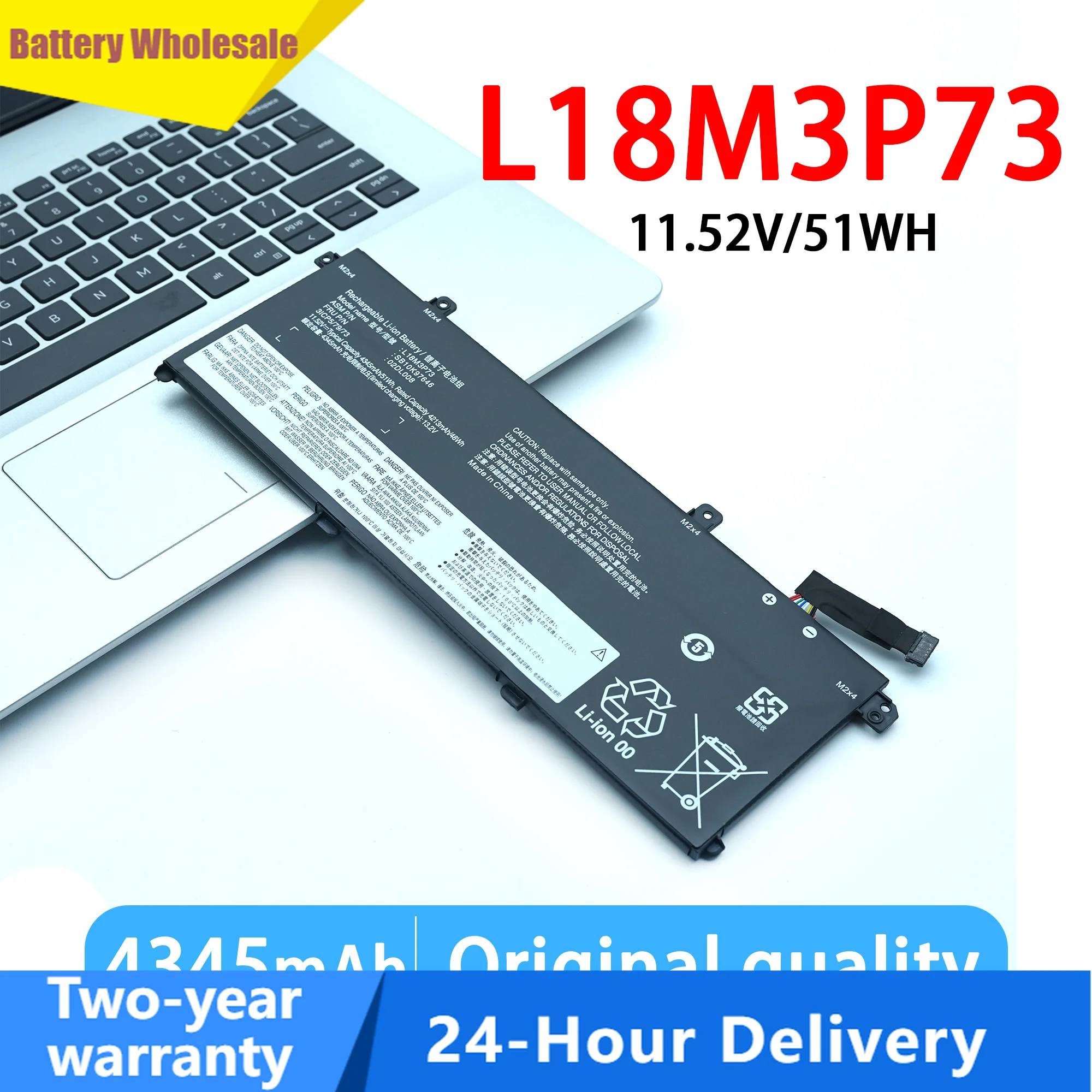 L18M3P73 51Wh Laptop Battery for Lenovo ThinkPad T490 T495 P43s 02DL007 SB10T83122 5B10W1 L18L3P73 L18C3P72 L18M3P72