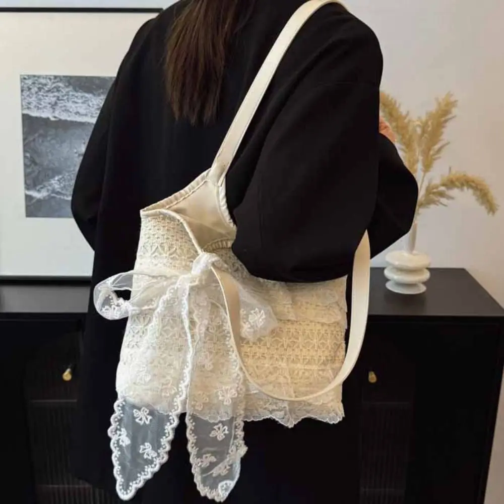 

Storage Bag Tote Bag Lace Shoulder Bag Korean Style Kawaii Simple Canvas Handbag Cloth With Ribbon Large Capacity Bag Work