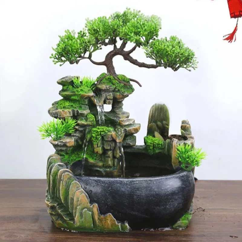 Bonsai rockery decorative Simulation Tree Flowing Water Waterfall Fountain desktop ornaments With Color Changing LED Lights