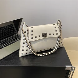 1pcs ladies pure color pu women's bag fashion rivet decoration lock bag chain shoulder messenger bag suitable for date gifts