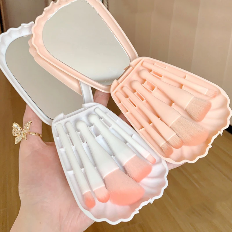 5Pcs Mini Complete Function Cosmetic Brushes With Mirror Shell Portable Travel Makeup Brush Set Cosmetic Brushes Kit With Case