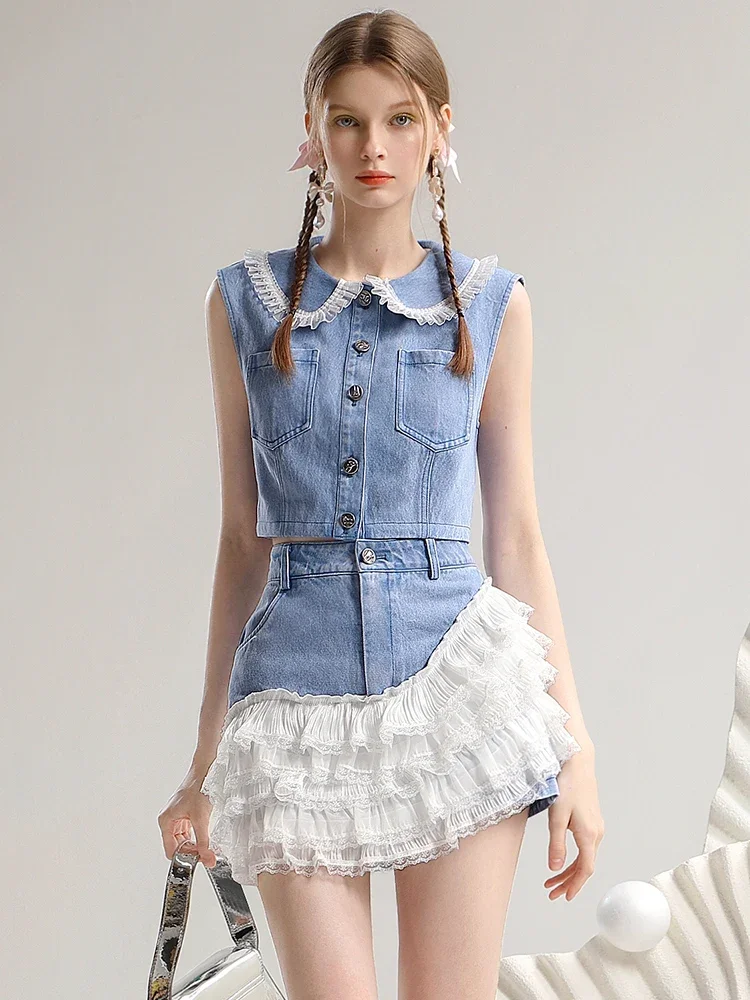 Designer Model Cute Doll Collar Sweet Leisure Denim Skirts Set Women Summer New Sleeveless Short Top Irregular Lace Mini Skirt