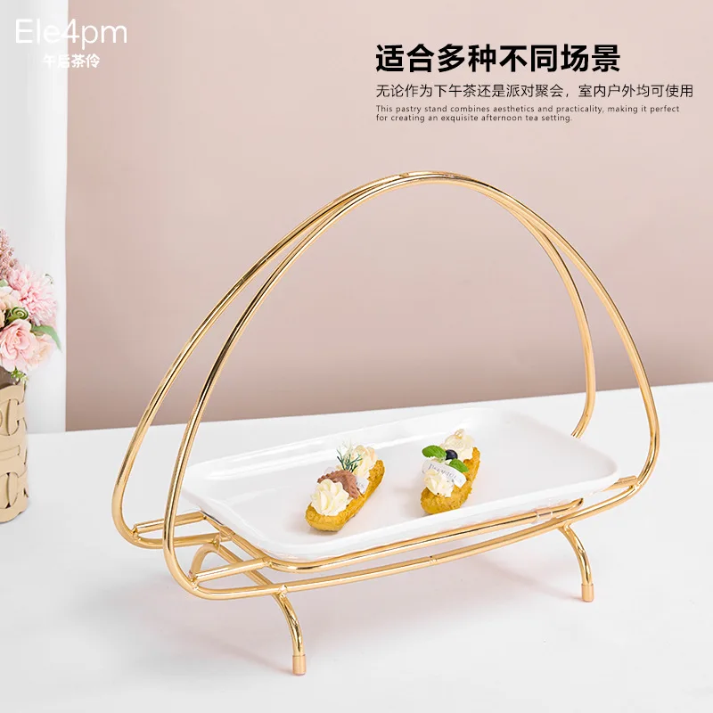 Light luxury European wrought iron electroplated handle fruit plate with porcelain plate hotel tea break afternoon tea