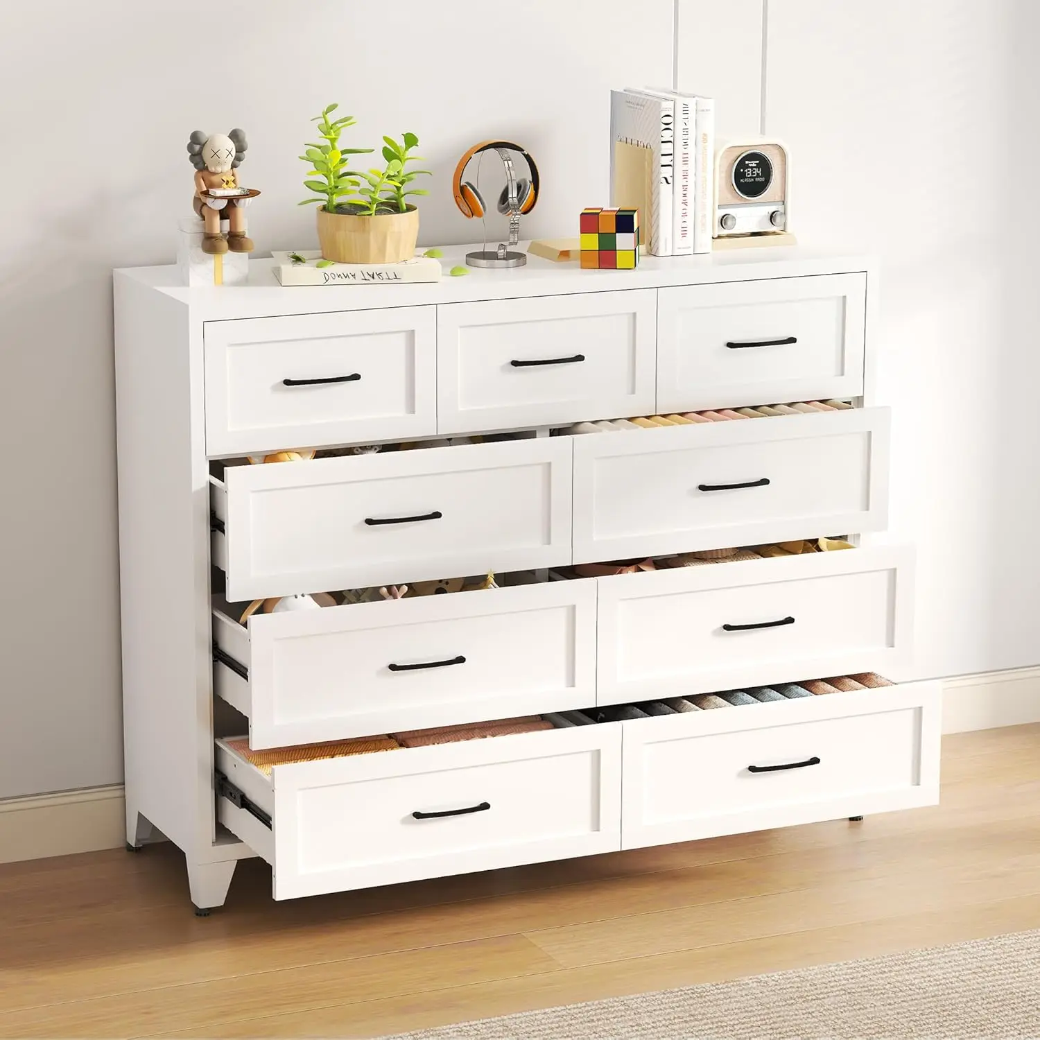 9-Drawer Metal Dresser in White for Bedroom, Living Room, Entryway, and Hallway, with Anti-Tipping Device