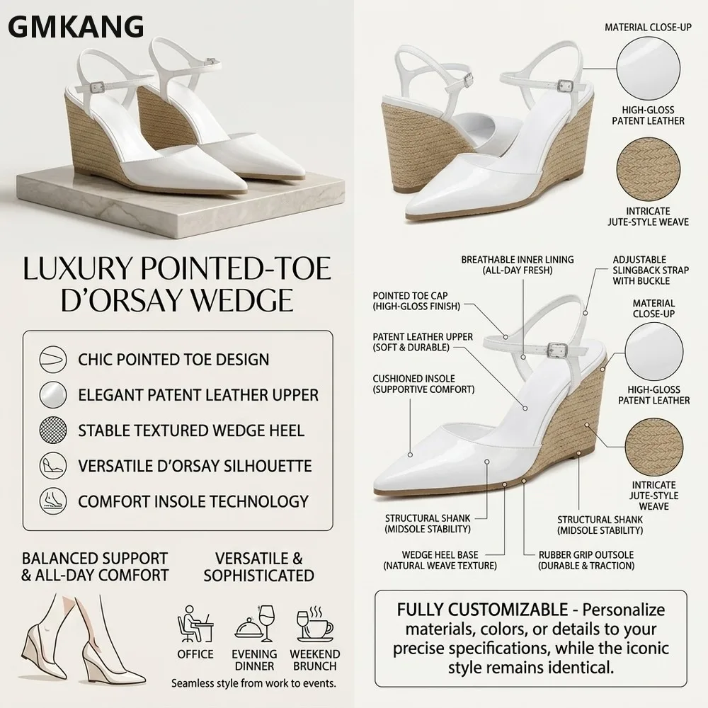 26SS Women's Pointed Toe Patent Leather Wedge Heels Ankle Strap High Heels Comfortable Chunky Heel Office Party Dress Shoes