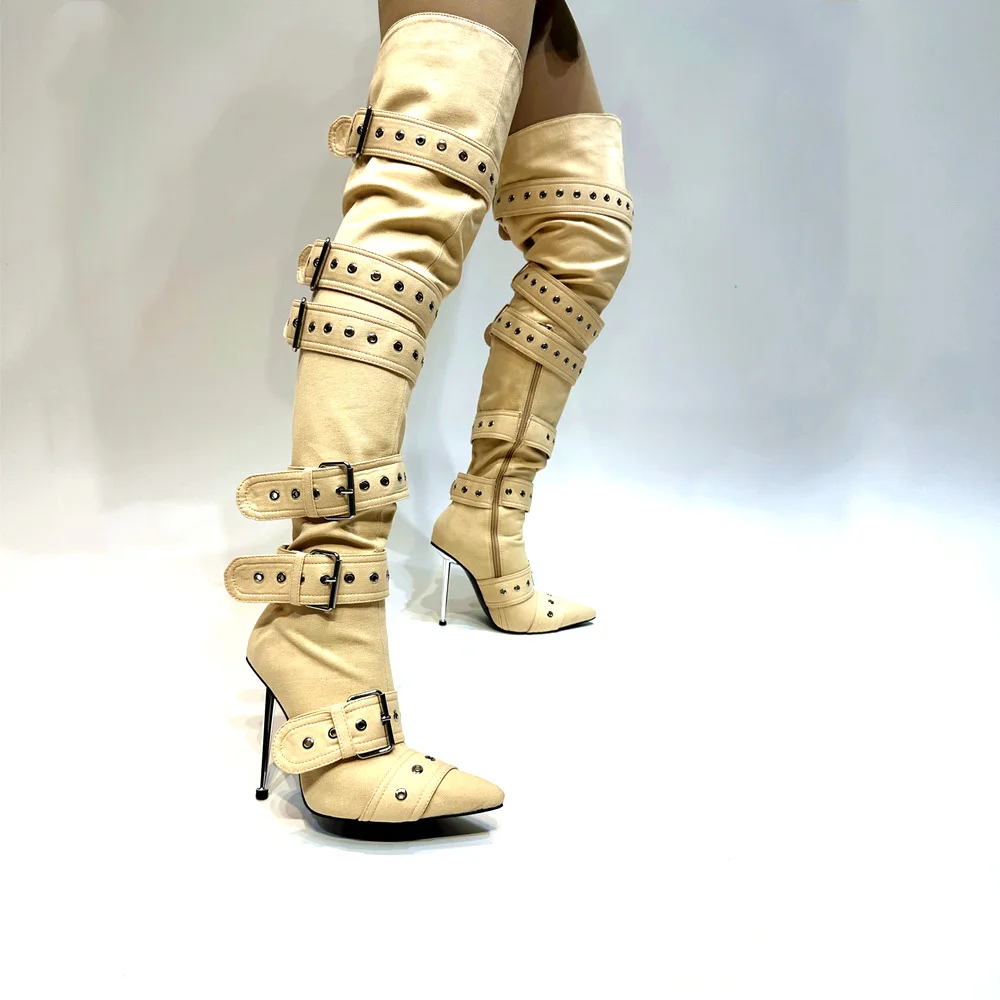 

Sky blue Apricot Cloth Eyelet Buckled Thick Straps Fasten Thigh Boots Metal High Heels Pointed Toe Over Knee Boots for Woman