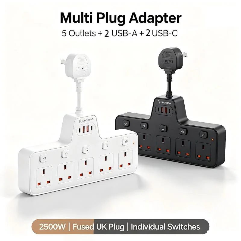 UK Plug Extension Socket with Individual Switches 5 Way UK Outlets 2 USB-A & 2 USB-C Ports 2500W Fused  Multi Plug Adapter Wall