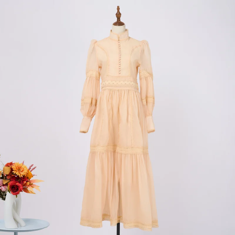 

Real Shot Sweet Princess Dress Solid Color Hollow Lace Stand Collar Sleeve Organza Long Dress