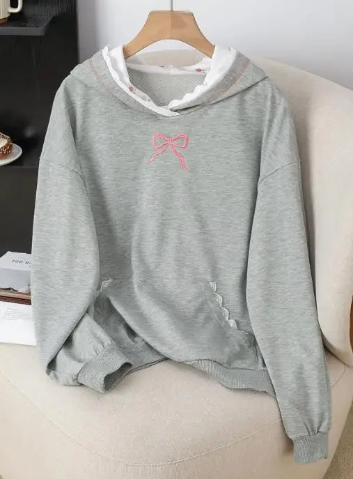 

Autumn New Fashion Girl Style Bow Embroidery Lace Patchwork Design Long Sleeved Top Trendy Casual Simple Women's Hoodie