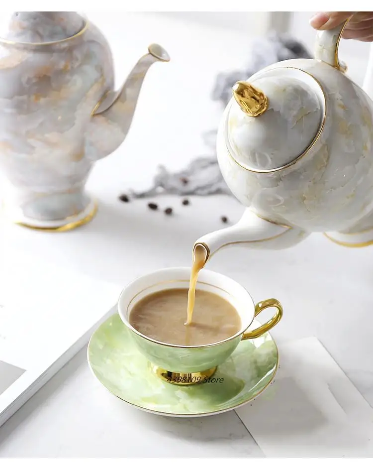 British High-end Phnom Penh Bone China Coffee Cup Dish Set European Marble Ceramic Teapot Tea Pot Household Kettle