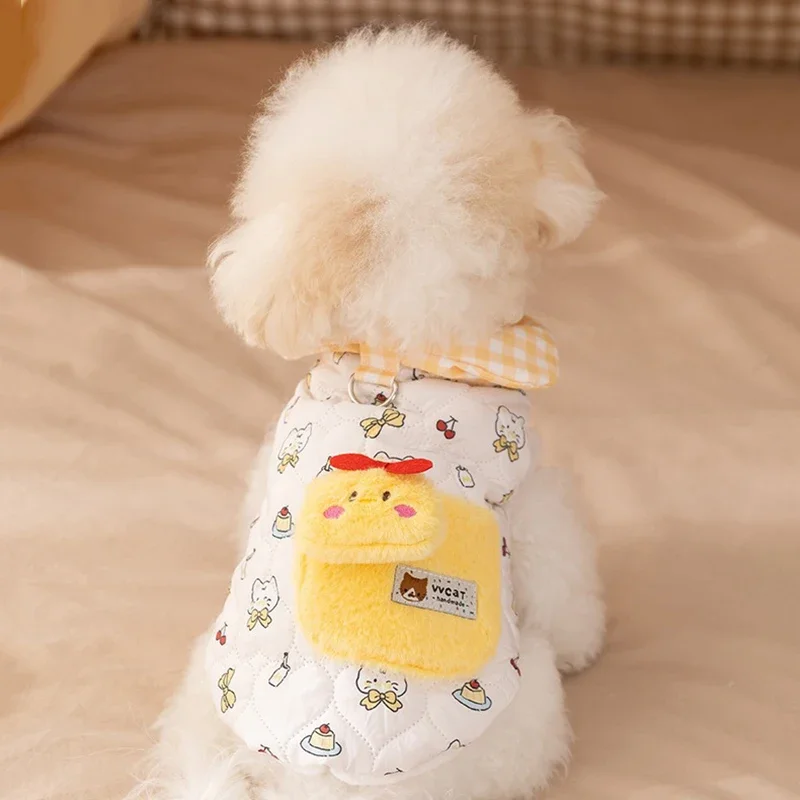Winter Thick Dog Vest, Cute Chick Cartoon Padded Coat with Plaid Collar for Bichon Puppy