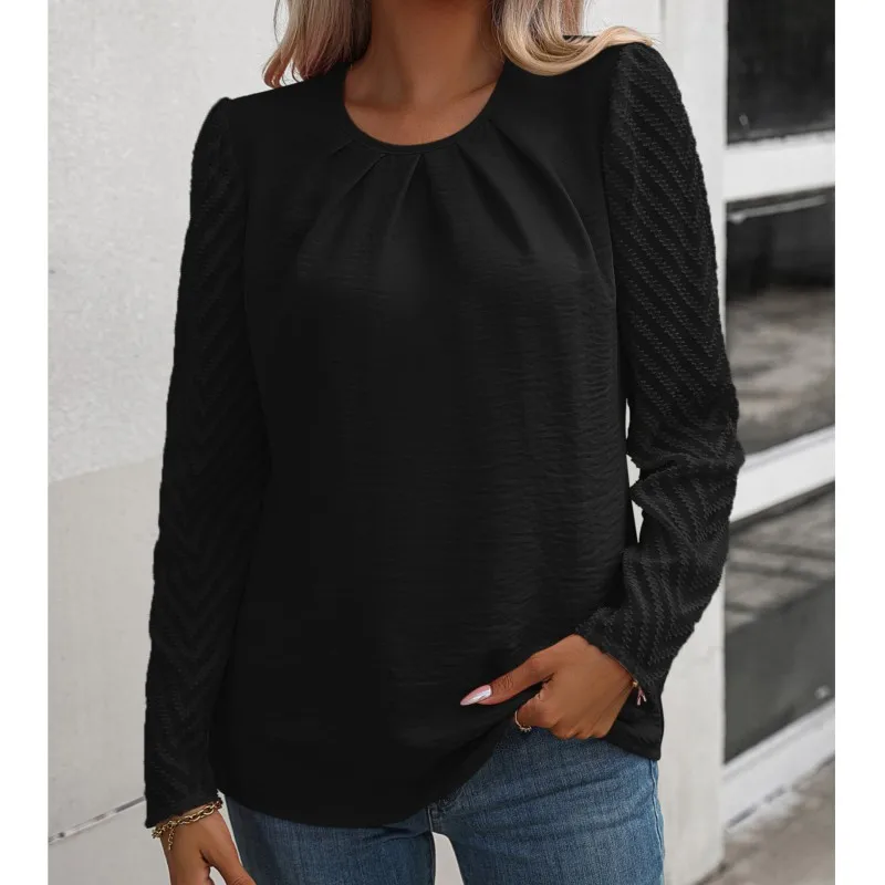 2024Spring and Autumn New Solid Color Casual Fashion Women's Round Neck Folded Chiffon Perspective Long Sleeve Temperament Shirt