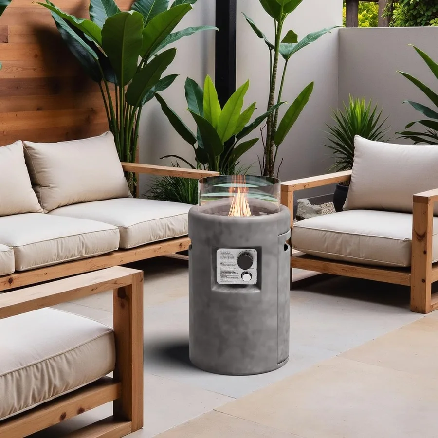 

Outdoor Propane Fire Pit Table with StoneLike Design and Glass Wind Guard for Garden Lighting Waterproof Cover Included 40000BT