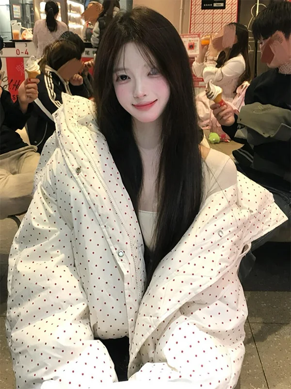 

Американская утепленная хлопковая куртка в горошек с капюшоном, укороченная, зимняя, маленького размера, для женщин