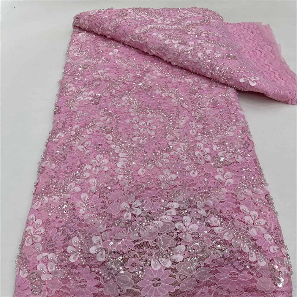 Luxury 3D Flower Lace Fabric 5 Yards Dubai Hand Beaded Tulle Lace Fabric Embroidered Sequins African Nigerian Fabric For Sewing