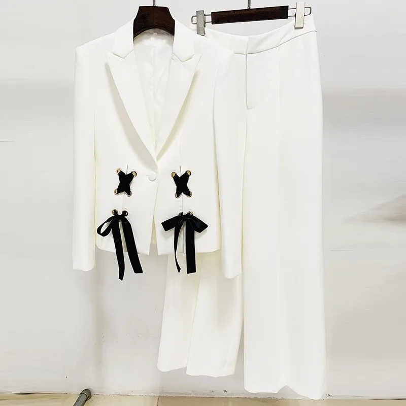 Retro Elegant Women Suit Luxurious Bowknot Ribbon Blazer And Wide Leg Pants Matching Sets For Formal Prom Wedding Guests