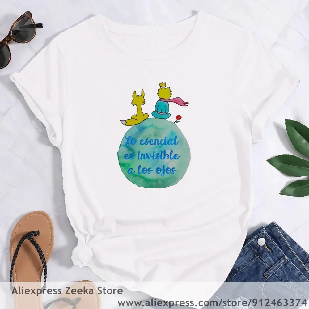 

Little Prince Art Beautiful Retro Pretty Cute Women Funny Print Ladies T-shirt Girl Y2K Basis O-collar White Shirt Short