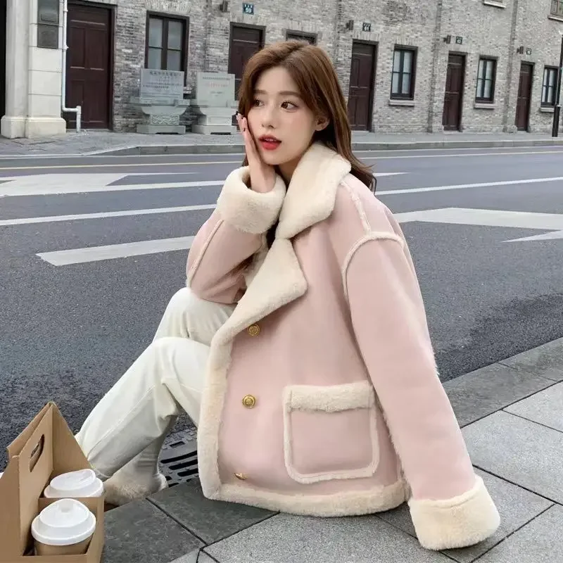 Lamb wool coat for women 2024 autumn new Korean style loose imitation suede fur integrated velvet thickened motorcycle jacket