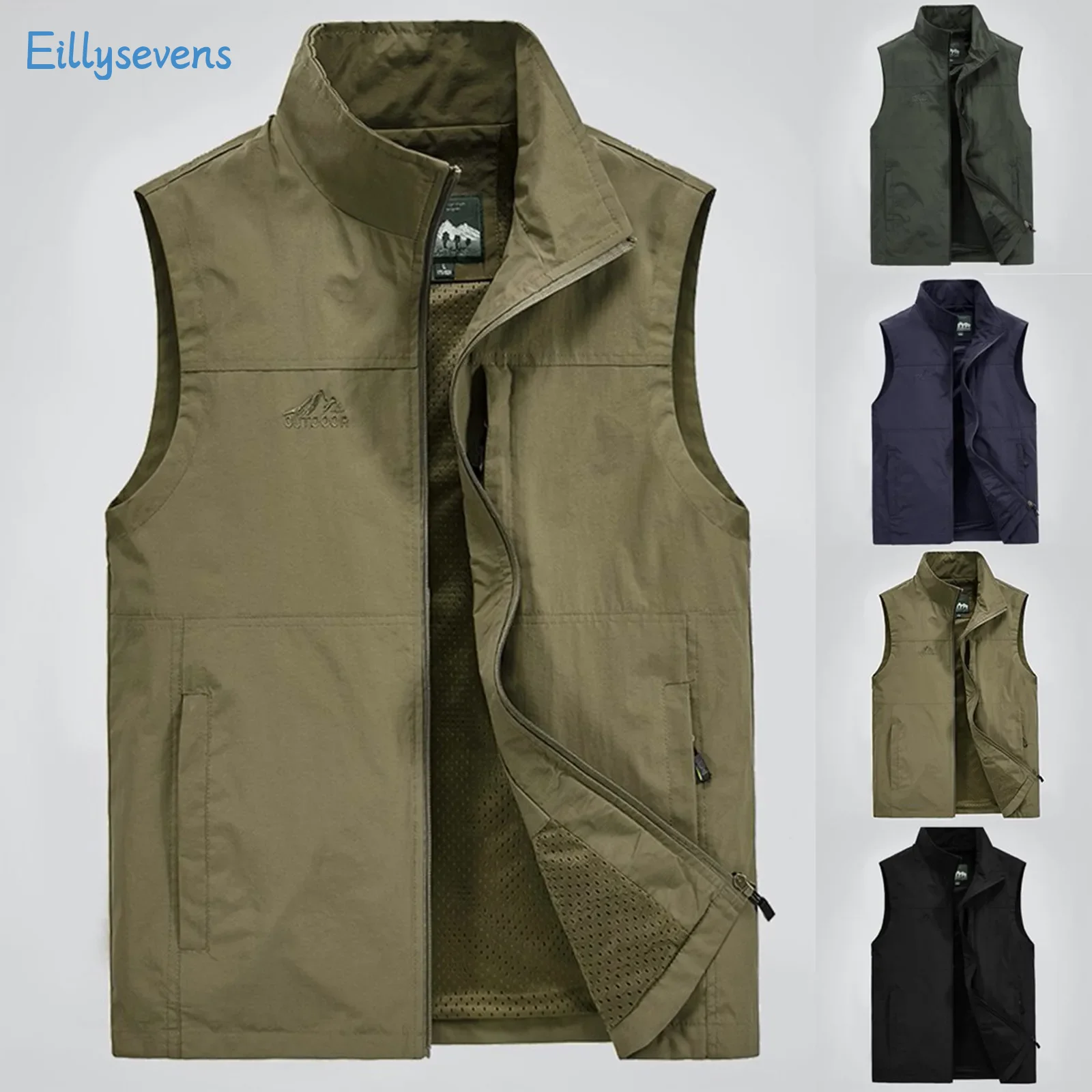 Fashion Men Vests Tops Casual Solid Color Simple Straight Fitting Waistcoat Outdoor Camping Fishing Quick-Drying Zipper Vests