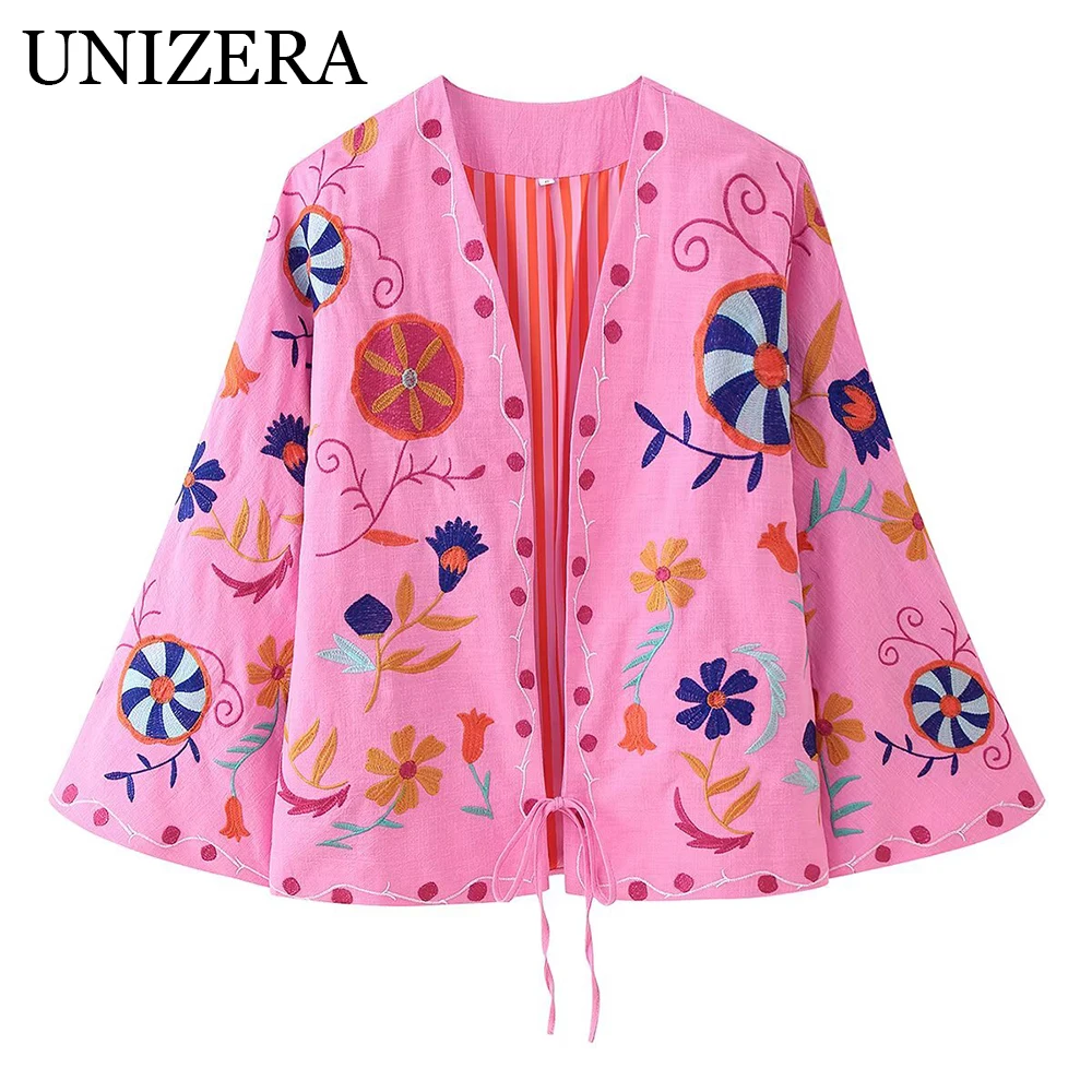 

Women's new commuting style fashionable temperament versatile cotton and linen embroidery tied rope long sleeved jacket