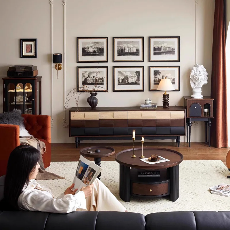 Streng ausgewählte französische Retro-Couchtisch-Seitenkombination aus Massivholz, kleiner Wohnzimmer-Sofa-Rundtisch