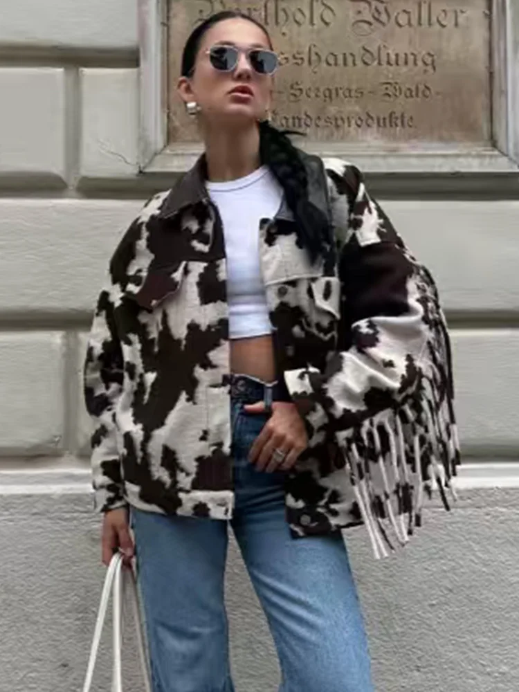 HH Woman Autumn Long Sleeves Single-breasted Pocket Decoration Turn-down Collar Short Coat Women Casual Printed Tassels Jacket